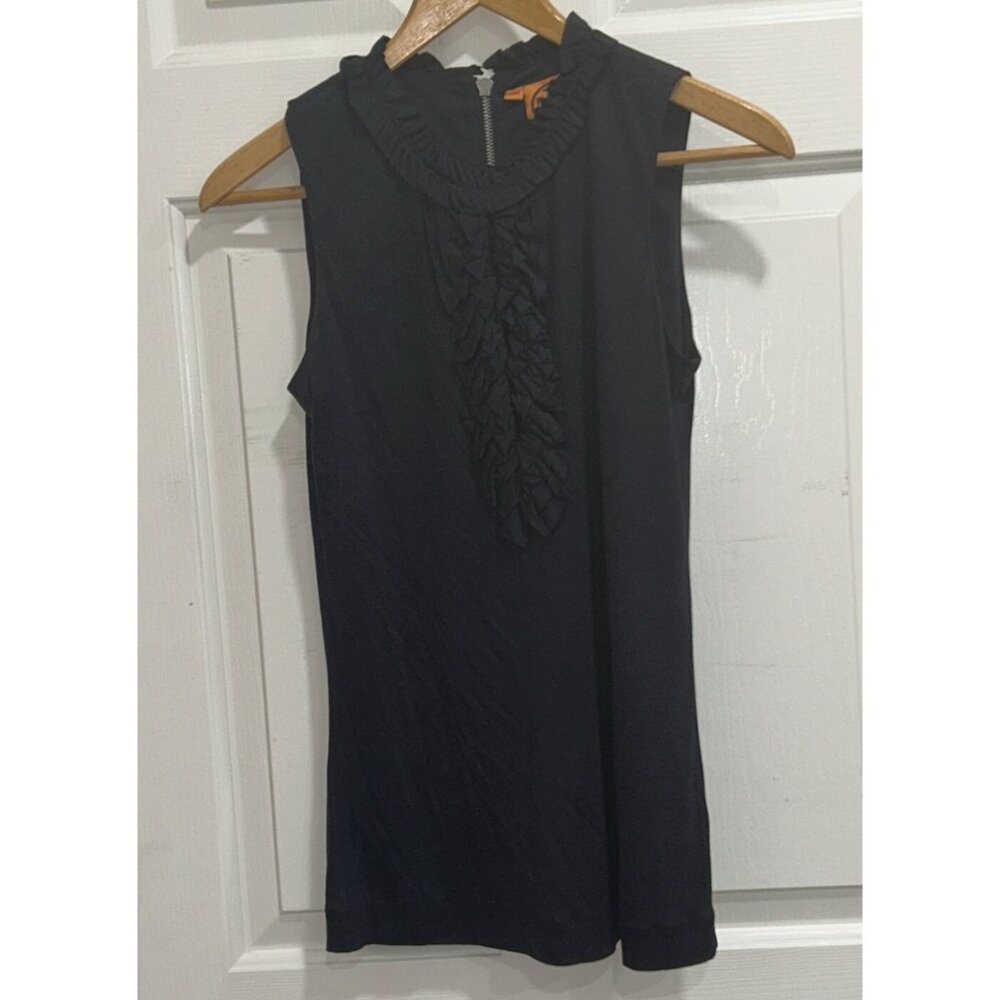 Tory Burch Womens Navy Ruffle Front Neck Zip Back Size XS Sleeveless Top Luxury